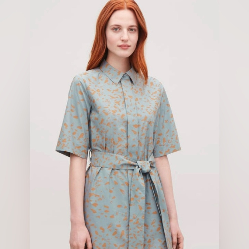 COS PRINTED COTTON SHIRT DRESS IN POWDER BLUE / BURNT ORANGE, size 2
